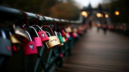 Colorful love locks attached to a bridge railing with a blurred background of people walking.