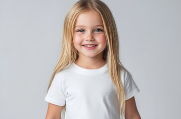 Obraz premium A young blonde child with long hair smiles gently, wearing a white shirt, against a neutral light background. The child’s soft expression and natural look create a warm, calm atmosphere.