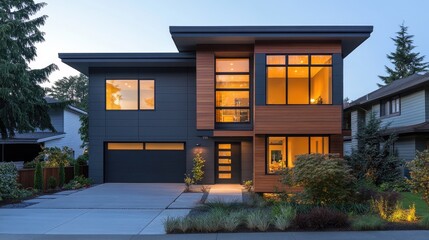 Obraz premium Modern Two-Story House with Sleek Gray Facade
