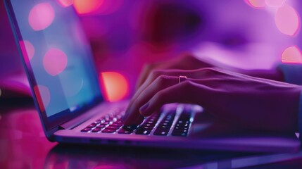 A detailed shot of a hand typing on a laptop keyboard, showcasing the intimate interaction between user and device.