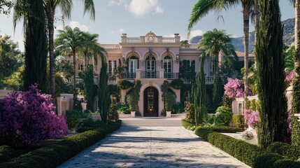 Obraz premium Luxurious Villa Surrounded by Lush Gardens and Palm Trees