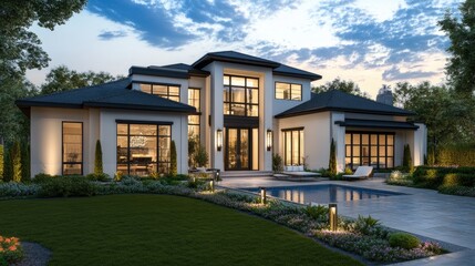 Obraz premium Modern Home Exterior View at Dusk