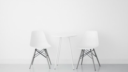 Two white chairs and a small white table in a white room with a white wall.