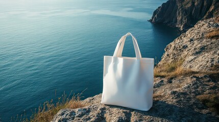 White tote bag on a cliff overlooking a vast blue sea, with a dramatic rocky coastline in the distance. The sky is a soft, hazy blue with a hint of golden sunlight.