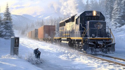 A red locomotive drives along snowy tracks while an ATM crosses paths with a freight train carrying cargo containers in winter scenery