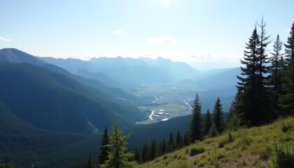 Obraz premium Epic mountain vista with lush forest and valley below