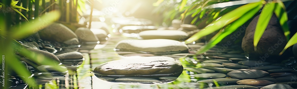Aufkleber a serene stream flows over smooth stones, surrounded by lush green foliage, illuminated by soft sunl