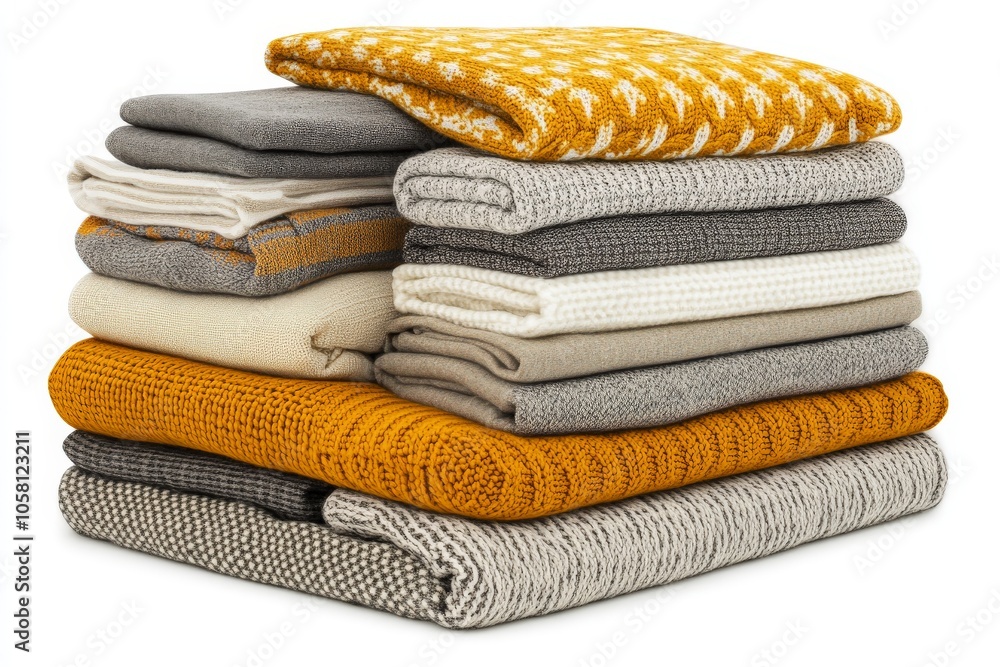 Aufkleber stack of neutral toned folded sweaters and blankets showcasing textures and patterns in cozy layers 
