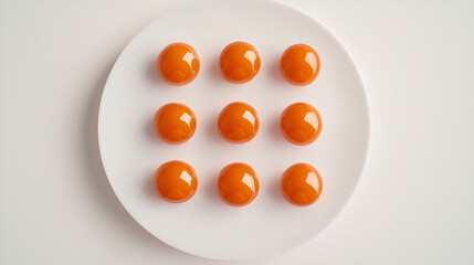 "Overhead View of Bright Orange Gel Drops Arranged in Grid on White Plate