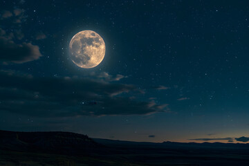 Rising full moon with soft glow and shadows in dark starry sky creating a tranquil night atmosphere