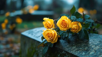 A bouquet of yellow roses lies on a weathered headstone in a cemetery, with other roses scattered in the background.