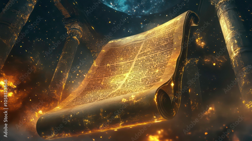 Aufkleber a glowing ancient scroll with an intricate design, floating against a backdrop of glowing pillars an