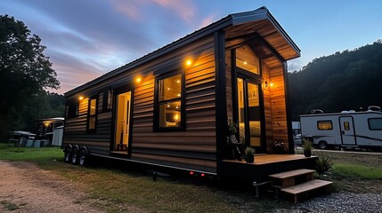 Obraz premium Modern tiny house with a deck and lights on at dusk.