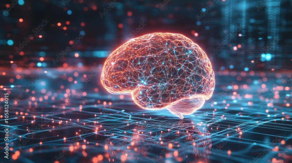Poster A glowing brain connected by intricate lines of light floats above a circuit-like background, creating a captivating digital display.