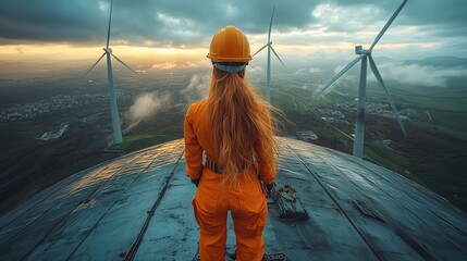 A woman wearing a yellow jacket stands on a hillside next to a wind farm
