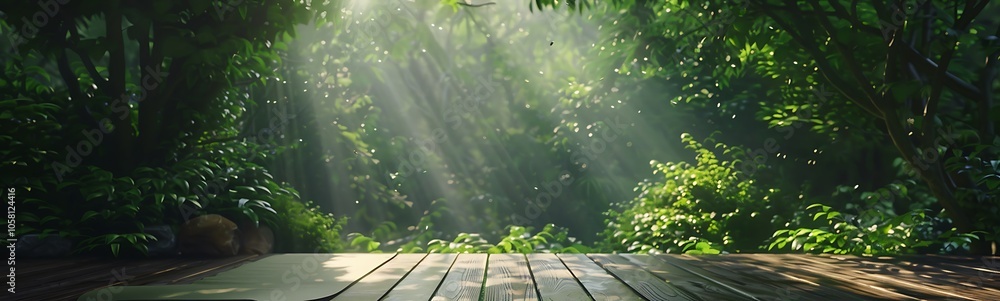 Poster a serene forest scene with sunlight filtering through the trees, illuminating a wooden deck surround