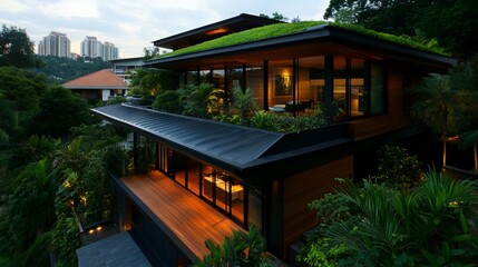 Fototapeta premium Modern house with green roof and large windows, set amongst lush foliage.