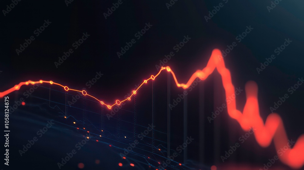 Poster a glowing red line graph representing a stock market fluctuation shows a sharp decline with points o