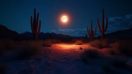 Full moon shining brightly over a desert landscape with tall cacti, illuminating the sand.