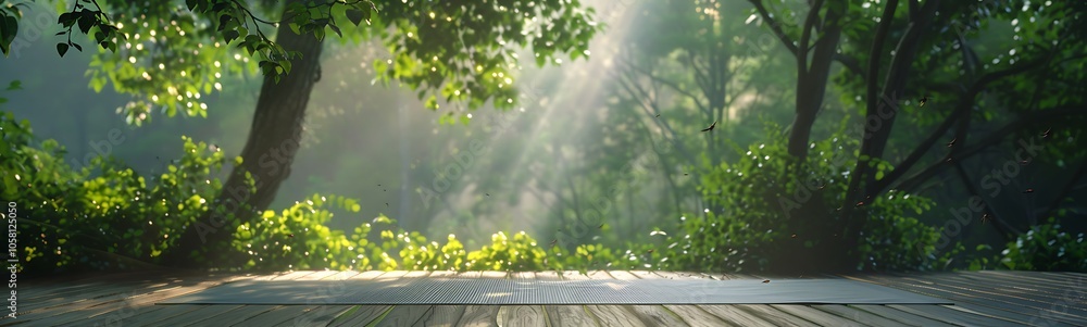 Poster a serene forest scene with sunlight filtering through trees, casting gentle beams over a lush green 