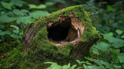 A moss-covered tree stump with a hole in the middle, surrounded by lush greenery.