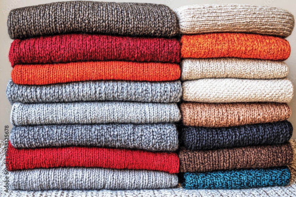 Poster vibrant stack of folded knit sweaters in various colors showcasing texture and warmth ideal for wint