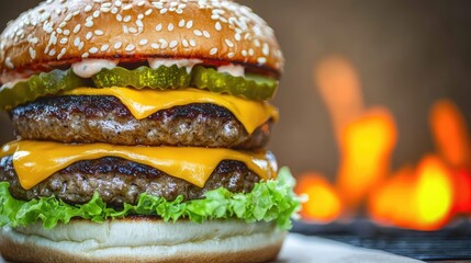 A delicious cheeseburger with two patties, lettuce, and pickles.