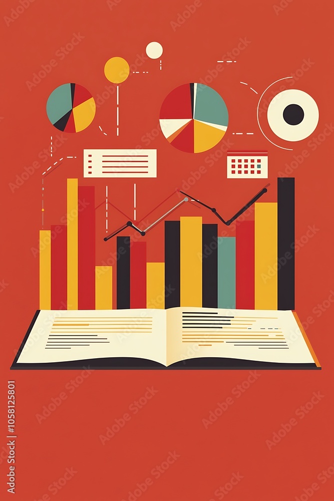 Poster a vibrant illustration showcasing data visualization elements like graphs, charts, and a book, repre