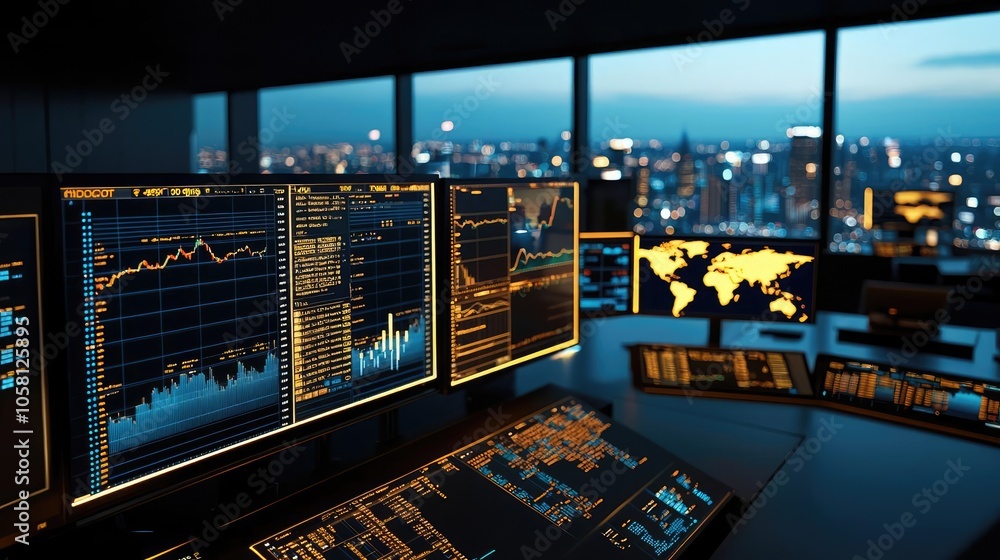 Aufkleber high-tech office with multiple screens displaying financial data and city skyline.