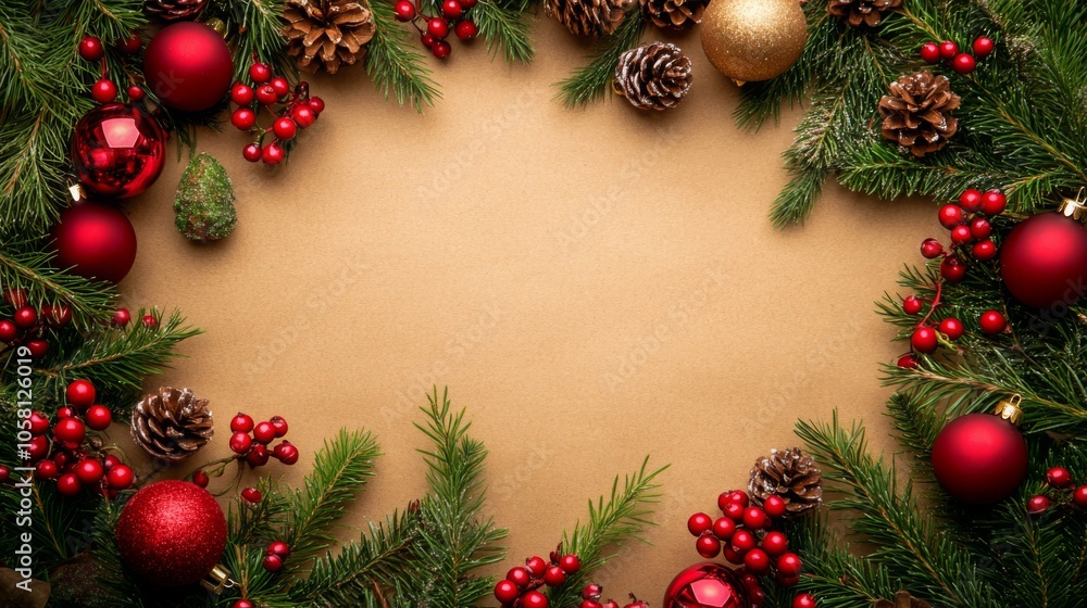 Poster a flat lay image of a tan background surrounded by pine tree branches decorated with red christmas o
