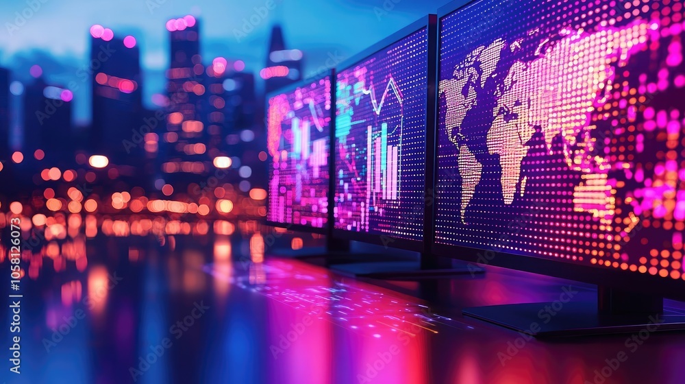 Poster vibrant digital screens displaying data in a modern city at dusk.