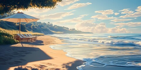 Tranquil beach scene at sunset, with soft pastel colors on the horizon, gentle waves, and a relaxing ambiance.





