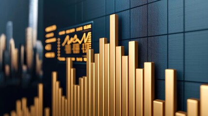 Fototapeta premium Financial graph with golden bars on a dark background, symbolizing growth.