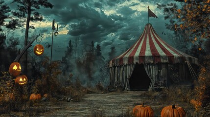 An abandoned circus tent in a spooky forest setting, with jack-o-lanterns, crows, and fog.
