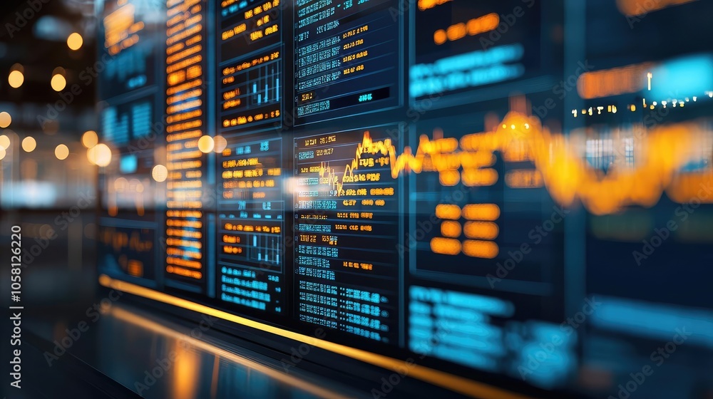 Poster data visualization screen displaying stock market trends and financial analytics.