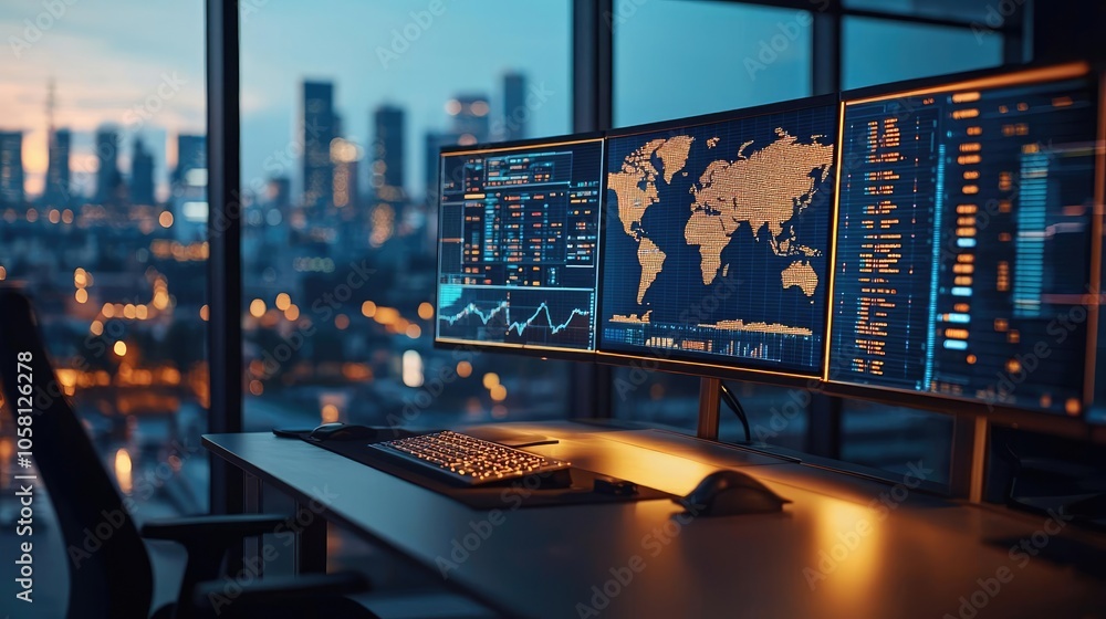 Poster modern office with multiple monitors displaying data and city skyline at dusk.