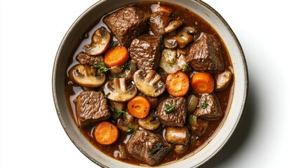 Overhead view of luxurious beef bourguignon with mushrooms and vegetables in rich gravy