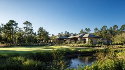 Fototapeta premium A golf course with a pond and a clubhouse in the background on a sunny day.