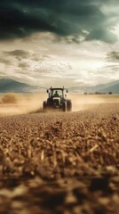 Dynamic View of Farmer Plowing Field with Tractor