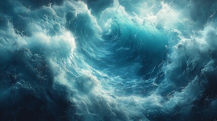 Dramatic swirling ocean waves with a blue hue and white crests.