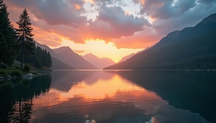  Tranquil mountain lake at sunset