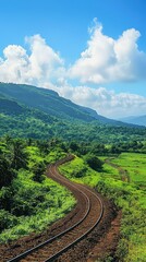 Fototapeta premium Scenic Winding Train Track Through Lush Landscape
