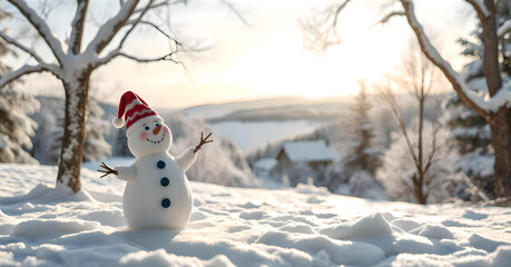 Fototapeta premium A joyful snowman stands proudly in a breathtaking winter landscape, surrounded by sparkling snow and frosty trees, providing a perfect backdrop with ample space for your personalized message