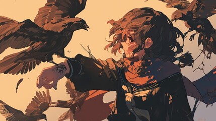 A Young Woman Reaching Out to a Flying Raven