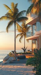 Fototapeta premium Serene Luxury Tower by the Beach at Sunset