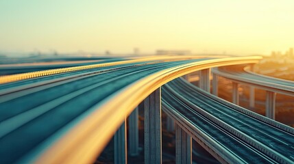 Fototapeta premium Curved highway at sunset, showcasing modern urban infrastructure.