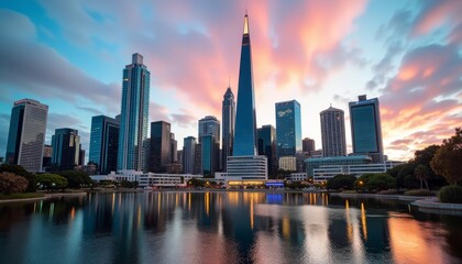 Obraz premium Cityscape at sunset reflecting on the water