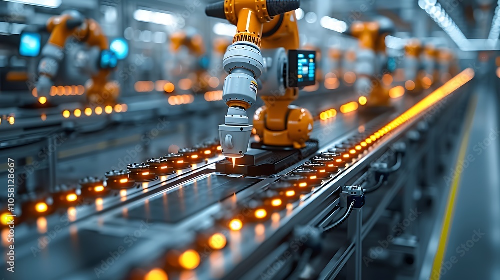 Poster a robotic arm operates on a futuristic assembly line, showcasing automated technology in a manufactu