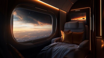 Luxurious airplane seat with a view of the clouds and sunset.