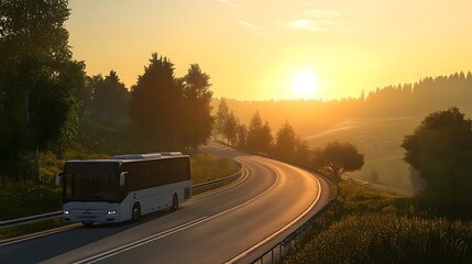 White bus traveling on the asphalt road around line of trees in rural landscape at sunset. 
